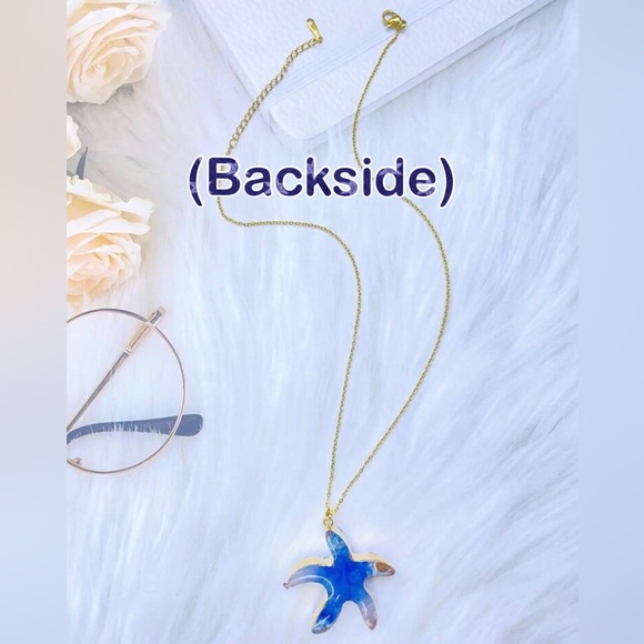 “Blue Druzy Starfish” Gold Dipped Geode Ocean Sea Marine Tropical Steel Necklace - Picture 14 of 16